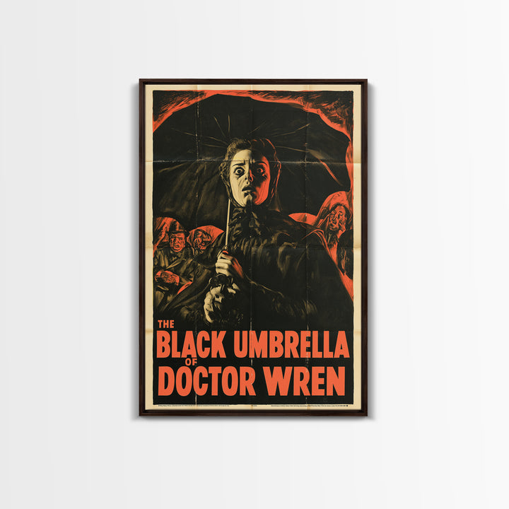 The Black Umbrella Of Doctor Wren, English Language Horror Movie Poster, 1950s Creature-Feature One-Sheet Inspired Art, Framed Canvas Print