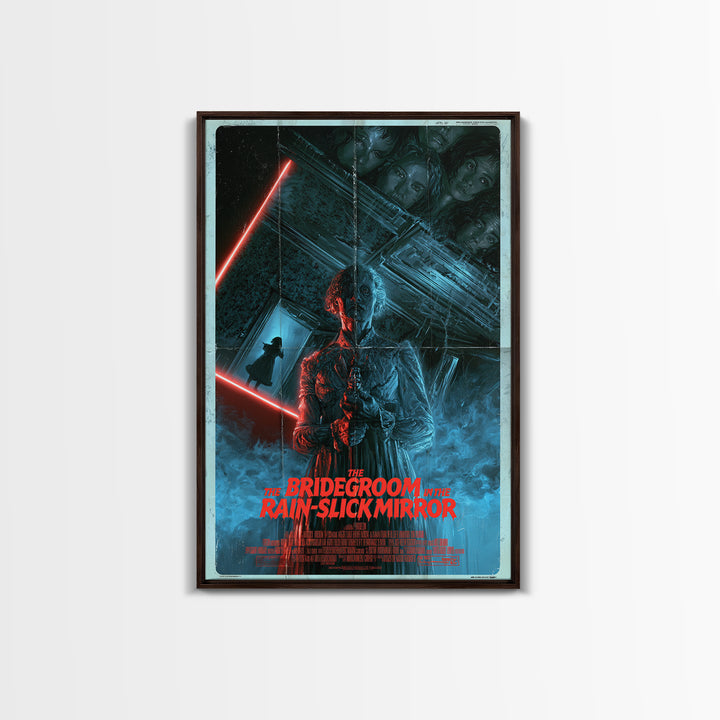 The Bridegroom In The Rain-Slick Mirror, English Language Horror Movie Poster, 1980s Vhs Nightmare Cover Inspired Art, Framed Canvas Print