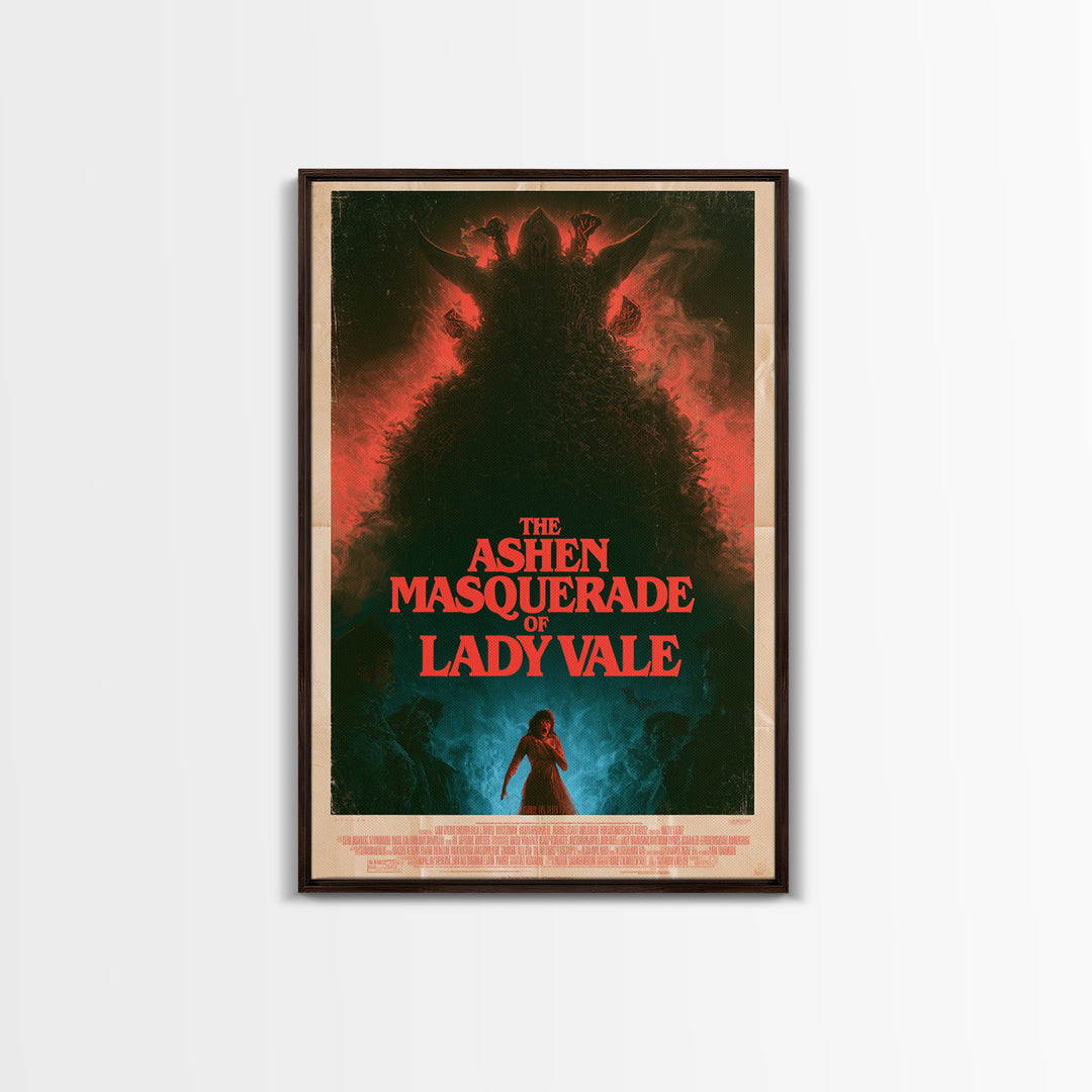 The Ashen Masquerade Of Lady Vale, English Language Horror Movie Poster, 1980s Vhs Nightmare Cover Inspired Art, Retro Horror Movie Art