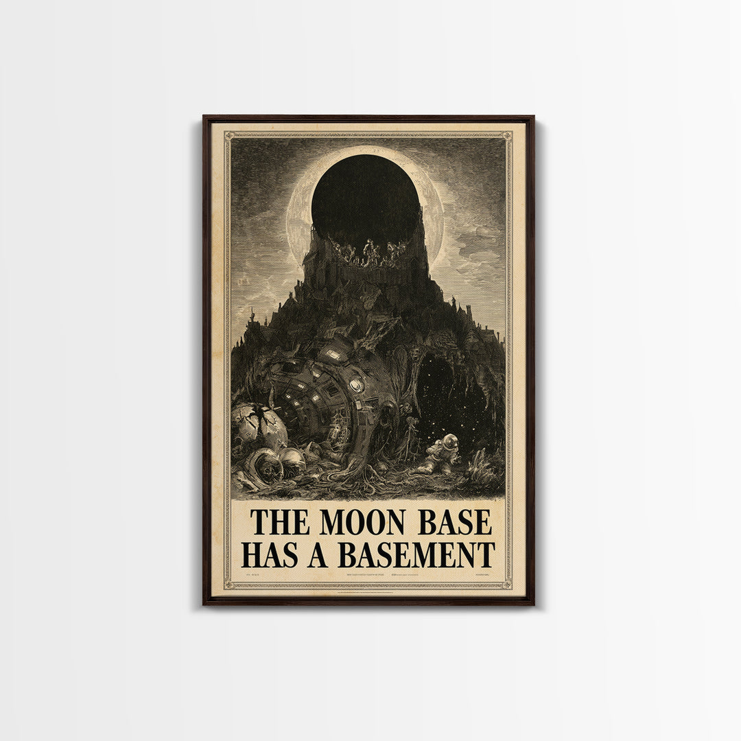 The Moon Base Has A Basement, English Language Horror Movie Poster, Gothic Engraving Art, Cult Horror Poster, Canvas Print