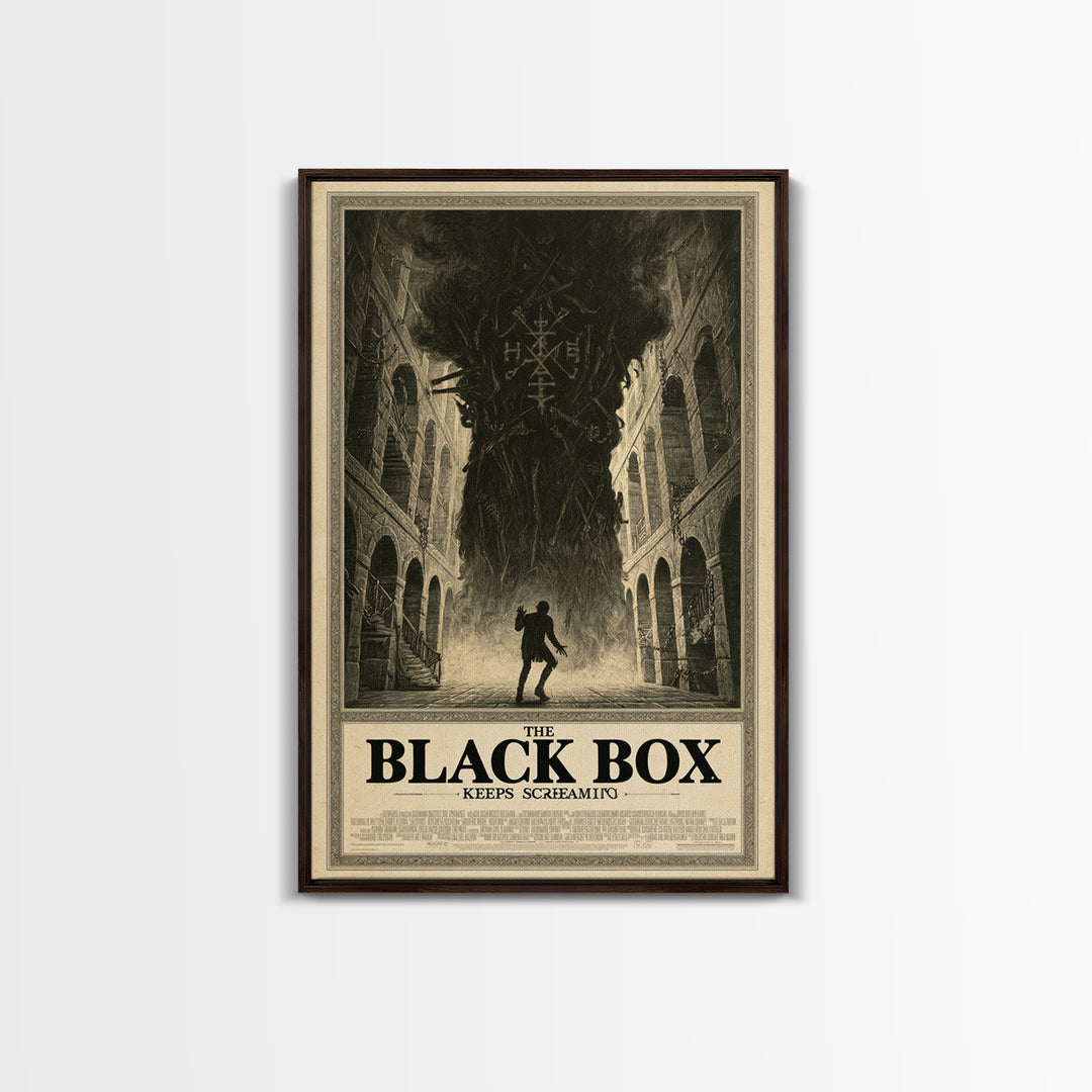 The Black Box Keeps Screaming, English Language Horror Movie Poster, Architectural Etching Art, Gothic Cinema Wall Art