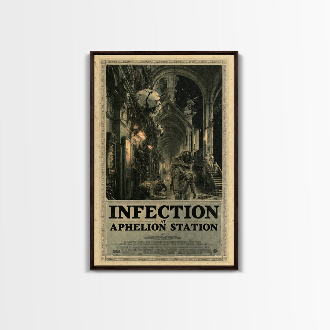 Infection At Aphelion Station, English Language Horror Movie Poster, Architectural Etching Art, Retro Horror Movie Art