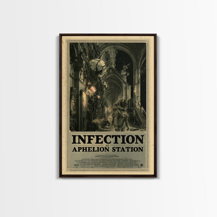 Infection At Aphelion Station, English Language Horror Movie Poster, Architectural Etching Art, Retro Horror Movie Art