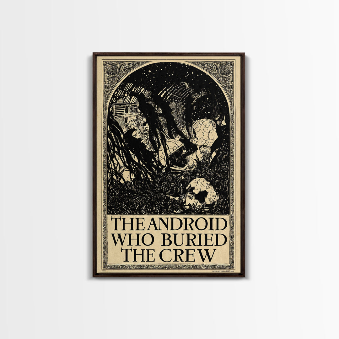 The Android Who Buried The Crew, English Language Horror Movie Poster, Decadent Line Art, Classic Monster Poster, Canvas Print