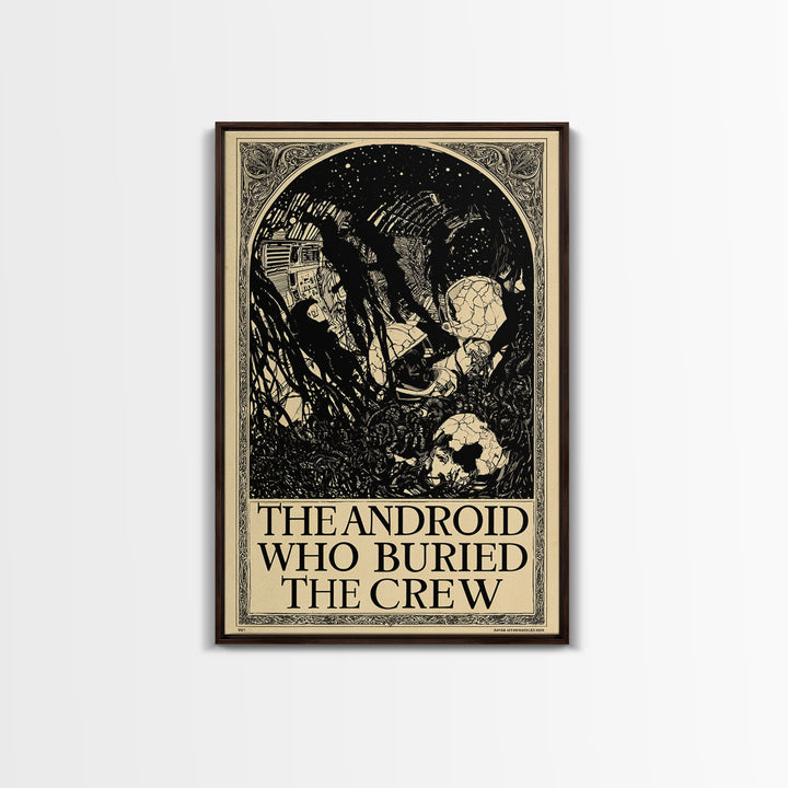 The Android Who Buried The Crew, English Language Horror Movie Poster, Decadent Line Art, Classic Monster Poster, Canvas Print
