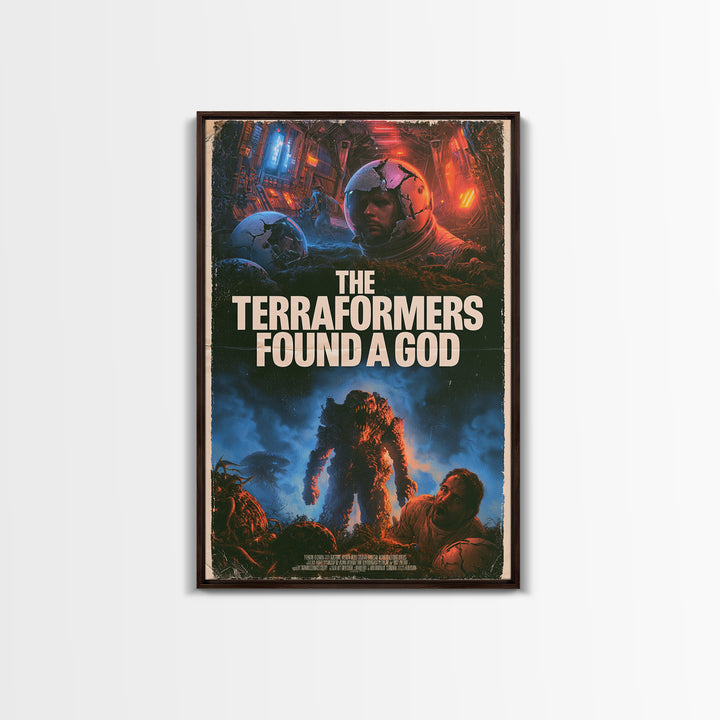 The Terraformers Found A God, English Language Horror Movie Poster, 1980s Vhs Nightmare Cover Inspired Art, Retro Horror Movie Art