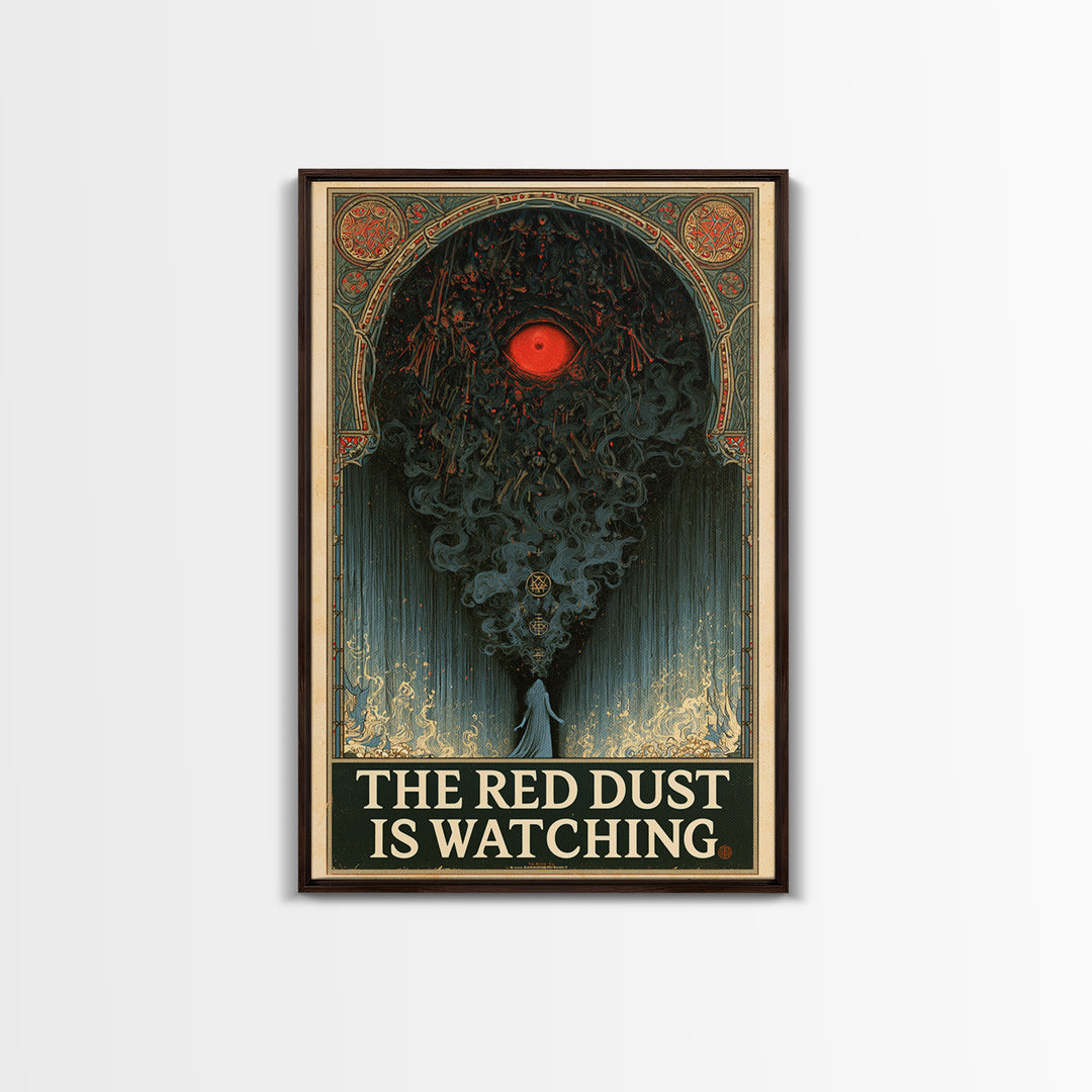 The Red Dust Is Watching, English Language Horror Movie Poster, Stained Glass Gothic Art, Retro Horror Movie Art, Framed Canvas Print