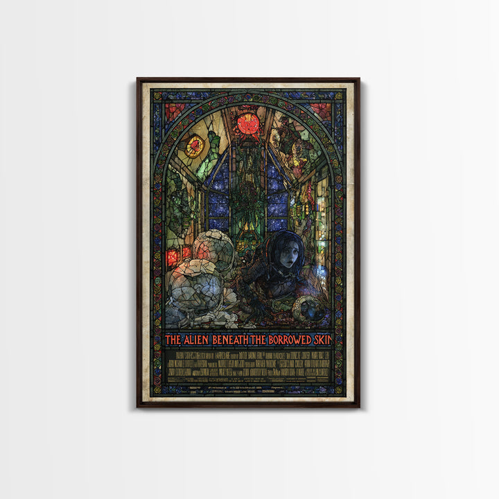 The Alien Beneath The Borrowed Skin, English Language Horror Movie Poster, Stained Glass Gothic Art, Gothic Cinema Wall Art