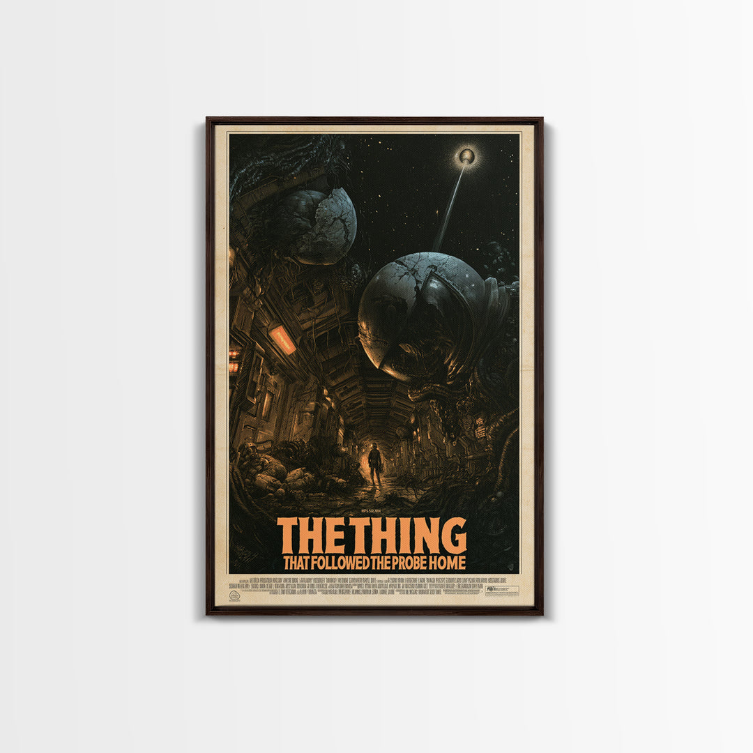 The Thing That Followed The Probe Home, English Language Horror Movie Poster, Gothic Engraving Art, Classic Monster Poster