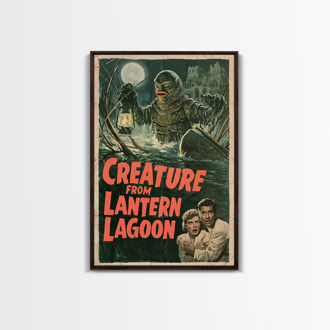 Creature From Lantern Lagoon, English Language Horror Movie Poster, 1950s Creature-Feature One-Sheet Inspired Art, Gothic Cinema Wall Art