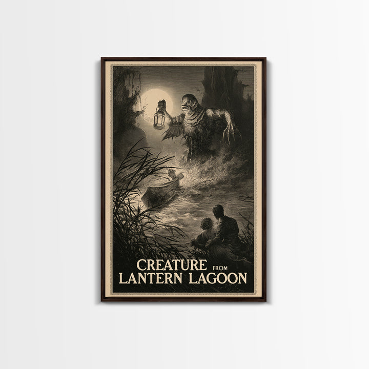 Creature From Lantern Lagoon, English Language Horror Movie Poster, Gothic Engraving Art, Gothic Cinema Wall Art, Framed Canvas Print