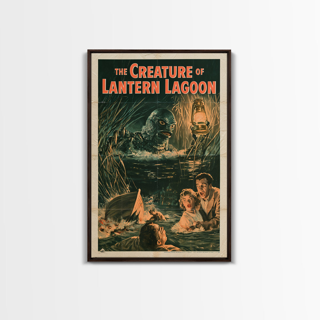 The Creature Of Lantern Lagoon, English Language Horror Movie Poster, 1950s Creature-Feature One-Sheet Inspired Art, Cult Horror Poster