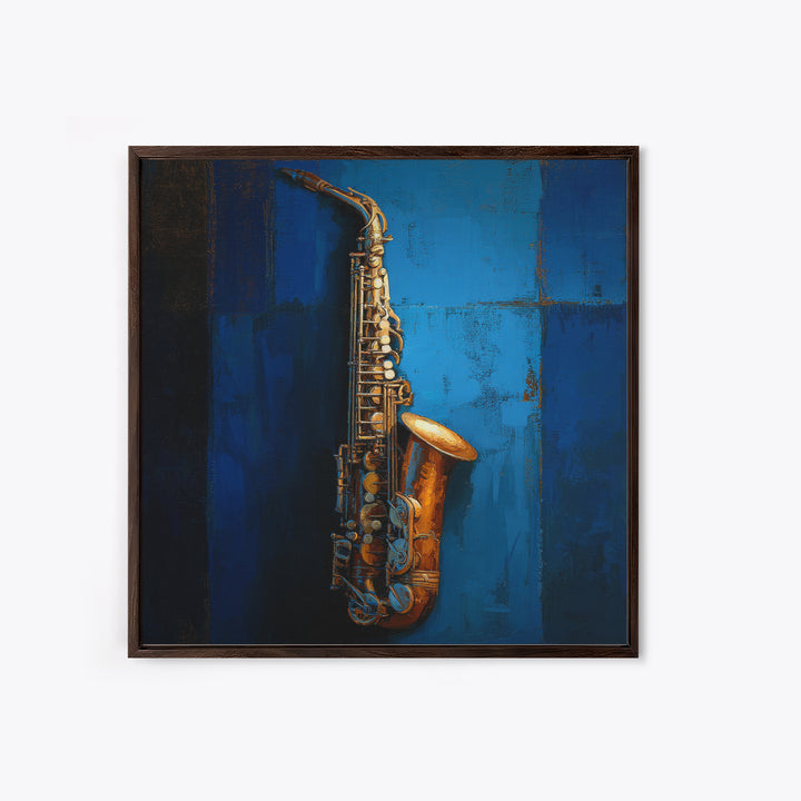 Jazz Saxophone with Smoky Blue Background Framed Canvas Print, Music Studio Art, Watercolor Print, Studio Decor, Rhythm, MSA-1x1-2