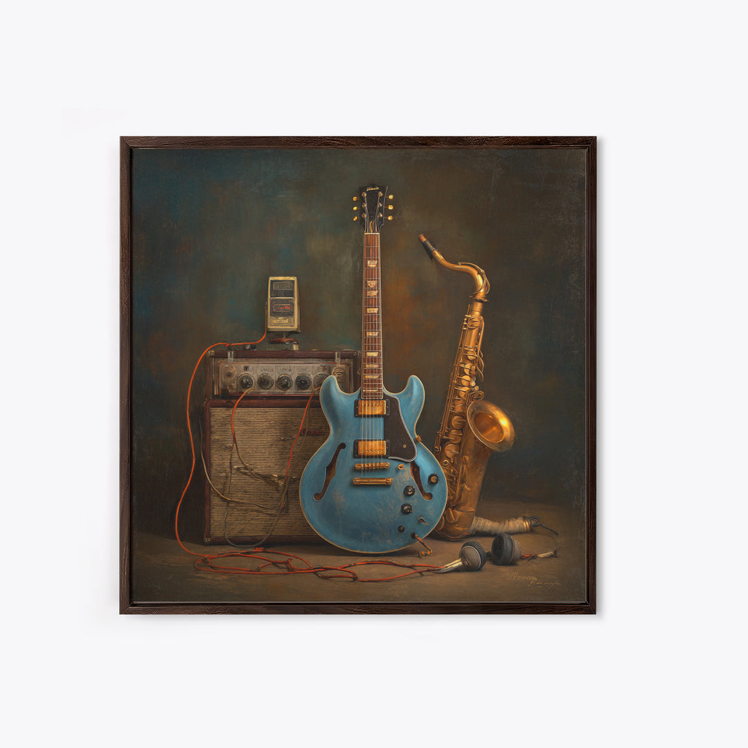 Electric Guitar Pedals and Cables Graphic Art Framed Canvas Print, Music Studio Art, Teen Room Decor, Studio Decor, Rhythm, MSA-1x1-21