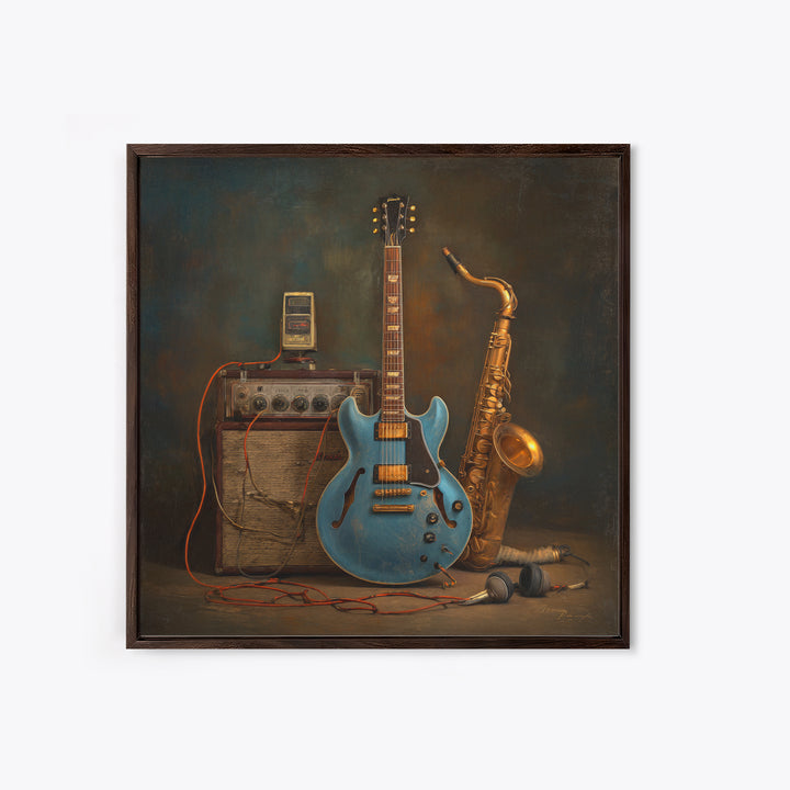 Electric Guitar Pedals and Cables Graphic Art Framed Canvas Print, Music Studio Art, Teen Room Decor, Studio Decor, Rhythm, MSA-1x1-21