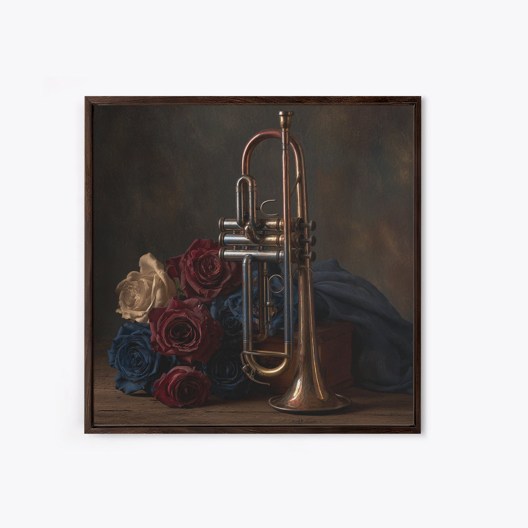 Trumpet and Roses Framed Canvas Print, Music Studio Art, Gallery Decor, Studio Decor, Fine Art, Rhythm, Contemporary Art, MSA-1x1-32