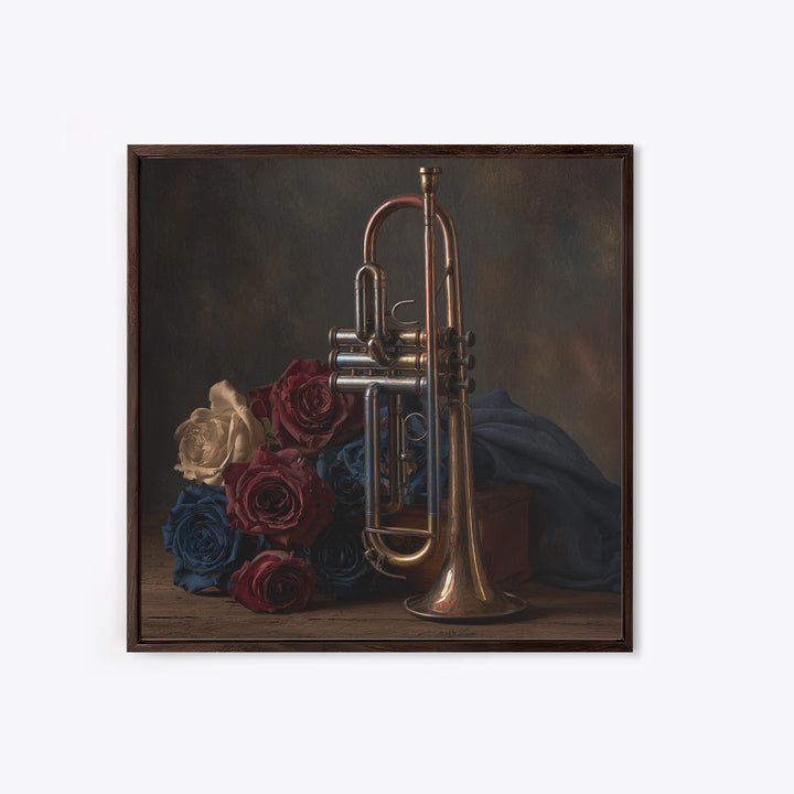 Trumpet and Roses Framed Canvas Print, Music Studio Art, Gallery Decor, Studio Decor, Fine Art, Rhythm, Contemporary Art, MSA-1x1-32