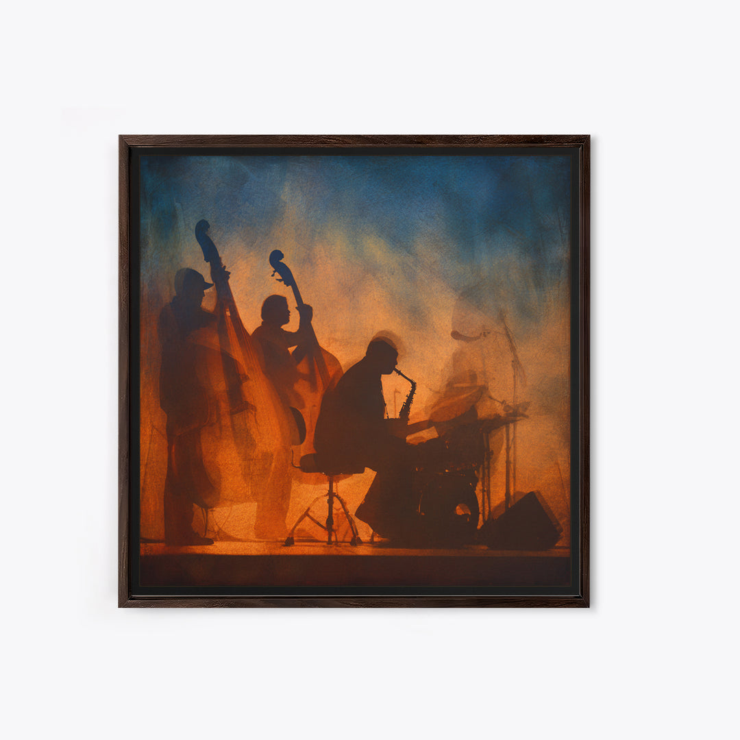 Jazz Quartet Silhouettes Framed Canvas Print, Music Studio Art, Travel Wall Art, Studio Decor, Fine Art, Rhythm, Boho Decor, MSA-1x1-46