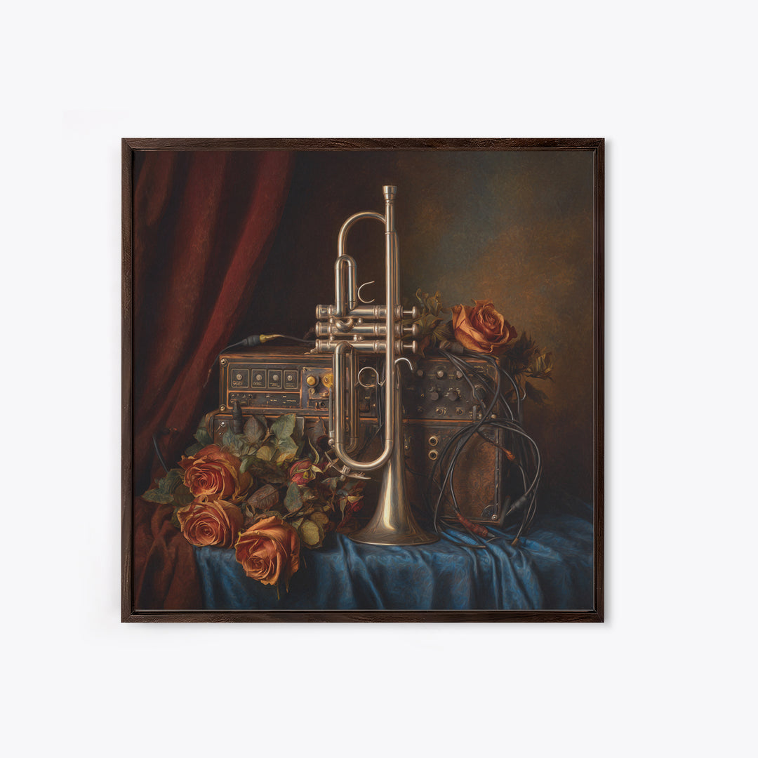 Trumpet and Roses Framed Canvas Print, Music Studio Art, Modern Wall Art, Studio Decor, Rhythm, Boho Art, Travel Wall Art, MSA-1x1-56