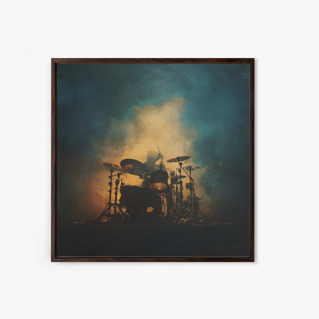 Drum Kit Silhouette Framed Canvas Print, Music Studio Art, Commission Painting, Studio Decor, Watercolor Art, Rhythm, MSA-1x1-6