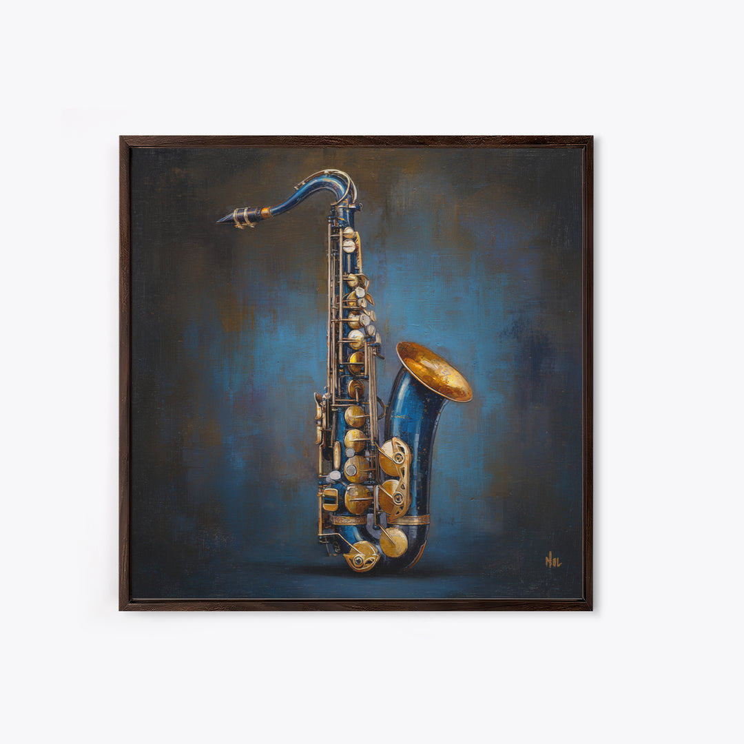 Jazz Saxophone with Smoky Blue Background Framed Canvas Print, Music Studio Art, Music Lover, Studio Decor, Fine Art, Rhythm, MSA-1x1-74