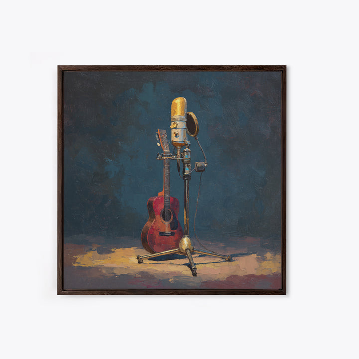 Microphone Portrait with Golden Spotlight Framed Canvas Print, Music Studio Art, Fine Art Print, Studio Decor, Fine Art, Rhythm, MSA-1x1-79
