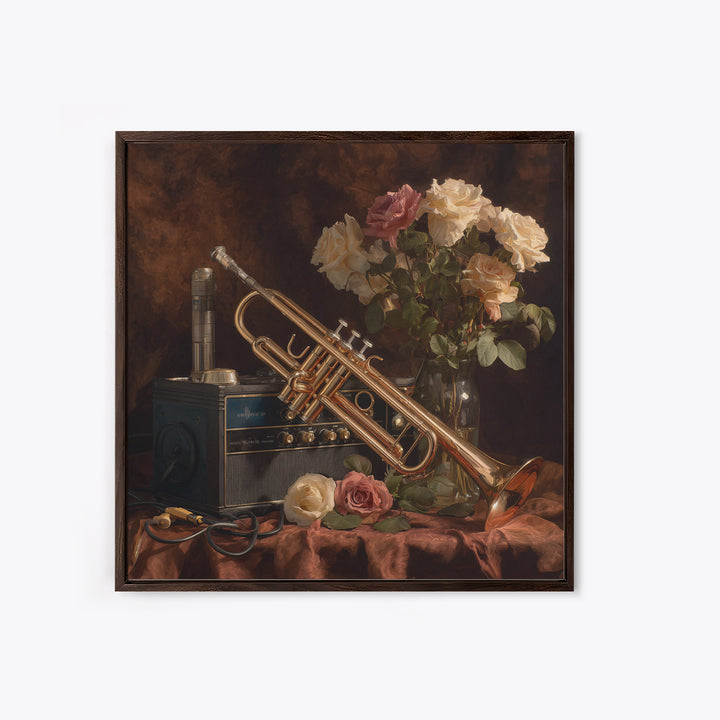 Trumpet and Roses Framed Canvas Print, Music Studio Art, Printable Art, Studio Decor, Rhythm, Music Art, Man Cave Decor, MSA-1x1-8