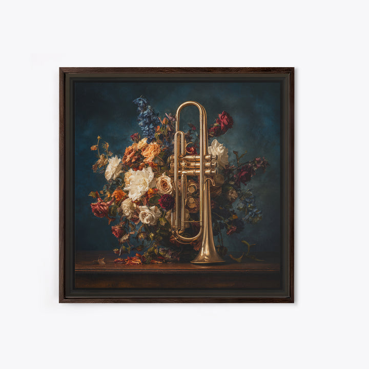 Trumpet and Roses Framed Canvas Print, Music Studio Art, Modern Decor, Studio Decor, Fine Art, Rhythm, Home Decor, Wall Decor, MSA-1x1-80