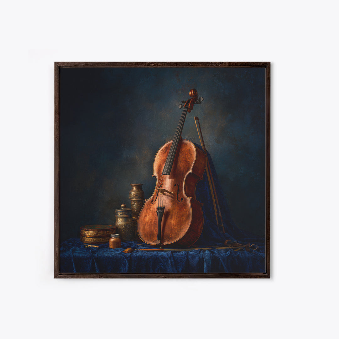 Cello Leaning Against Dark Velvet Backdrop Canvas Print, Music Studio Art, Textured Painting, Studio Decor, Fine Art, Rhythm, MSA-1x1-81