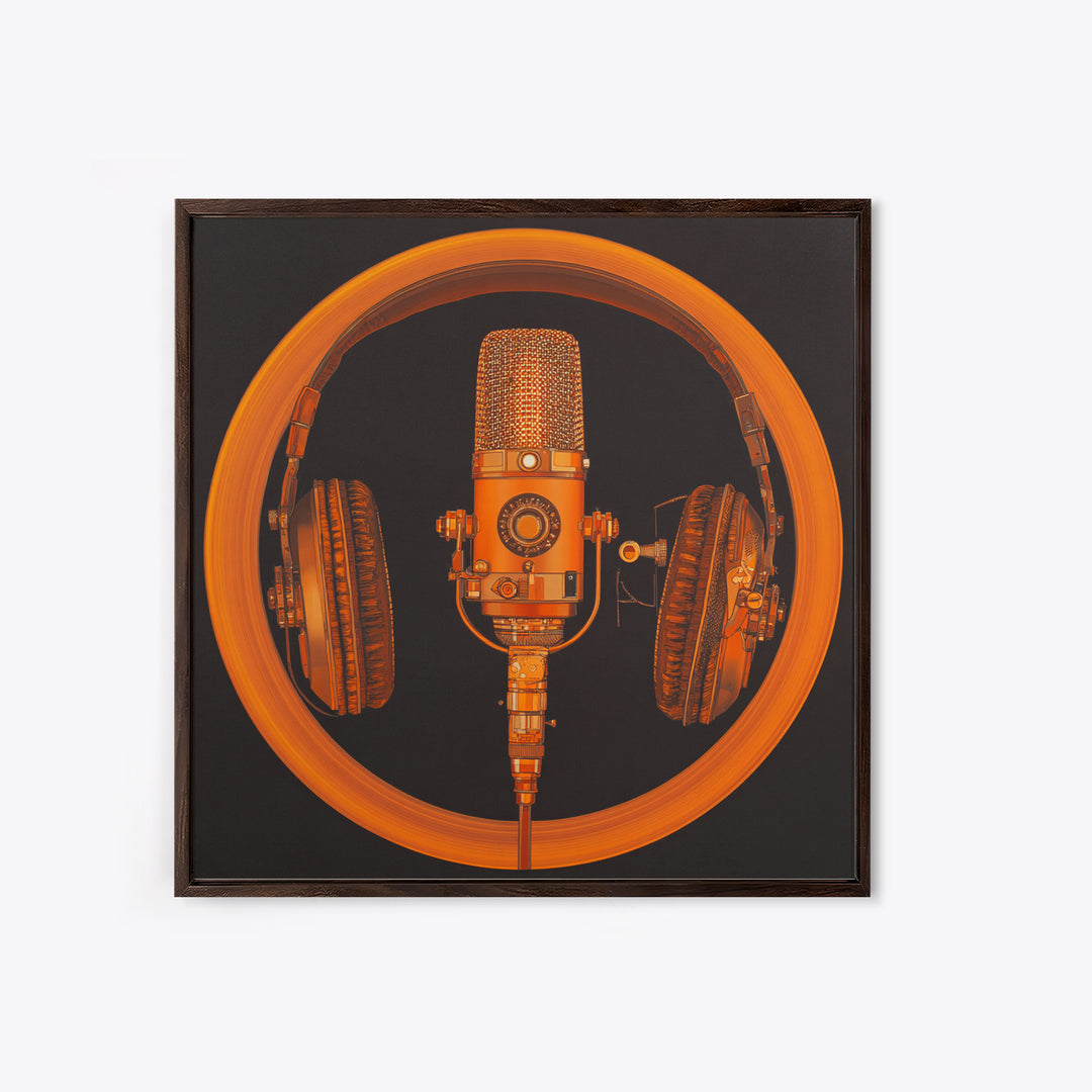 Headphones Around a Glowing Record Framed Canvas Print, Music Studio Art, Statement Artwork, Studio Decor, Fine Art, Rhythm, MSA-1x1-83