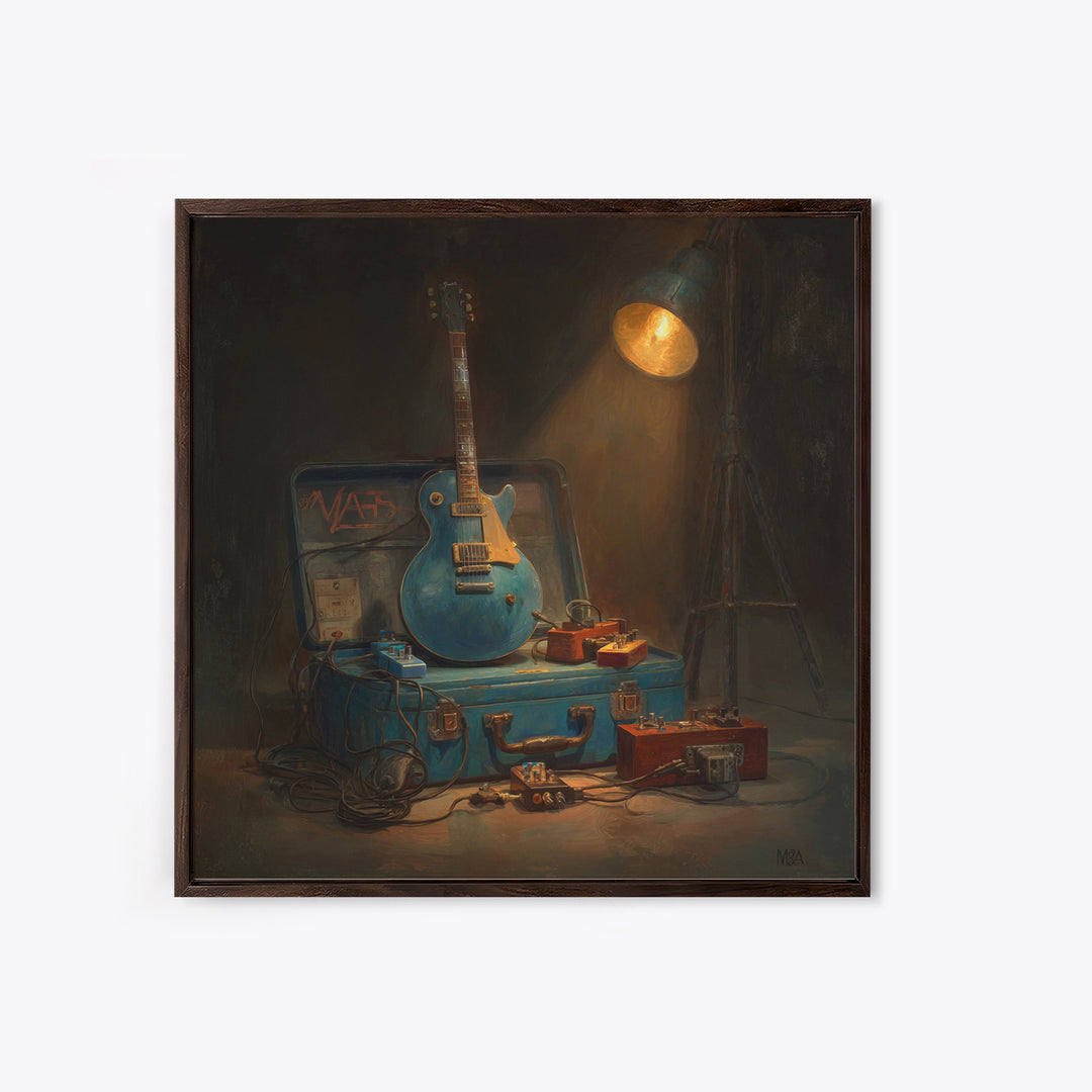 Electric Guitar Pedals and Cables Graphic Art Framed Canvas Print, Music Studio Art, Luxury Decor, Studio Decor, Oil Painting, MSA-1x1-93