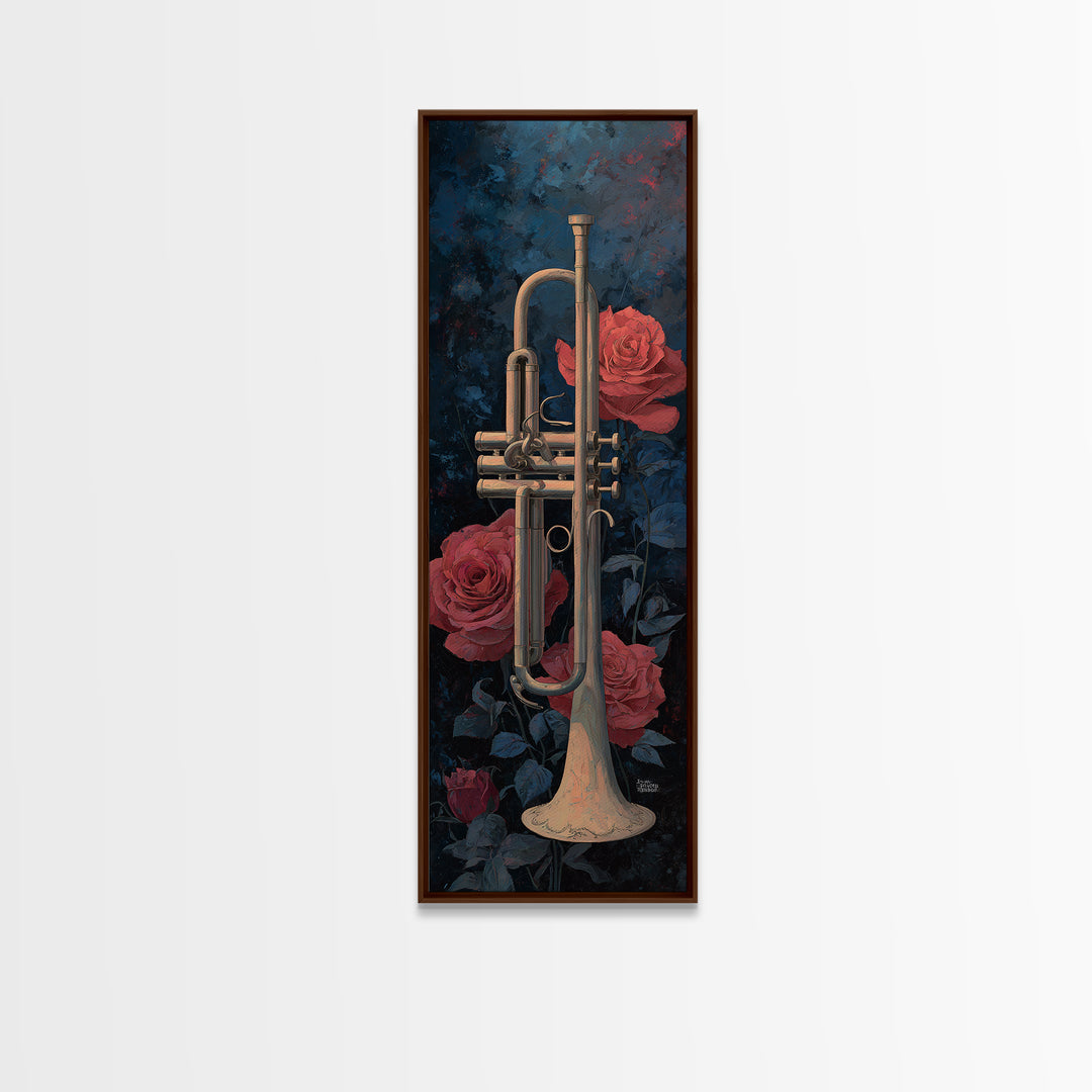 Trumpet and Roses Framed Canvas Print, Music Studio Art, Luxury Decor, Studio Decor, Fine Art, Rhythm, Art Commission, MSA-1x3-20