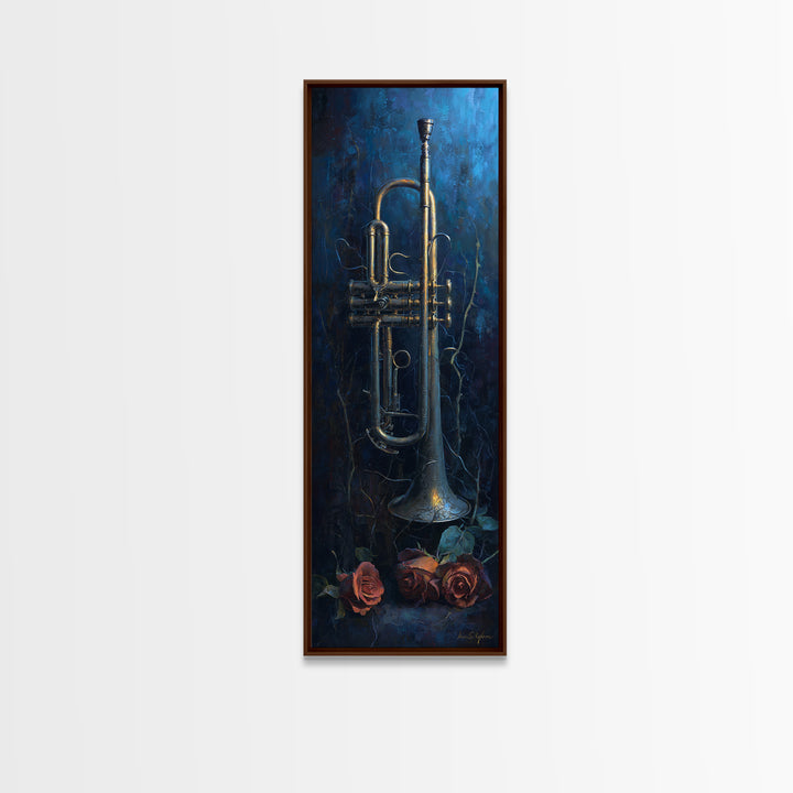 Trumpet and Roses Canvas Print, Music Studio Art, Contemporary Art, Studio Decor, Rhythm, Music Poster, Trendy Wall Art, MSA-1x3-44