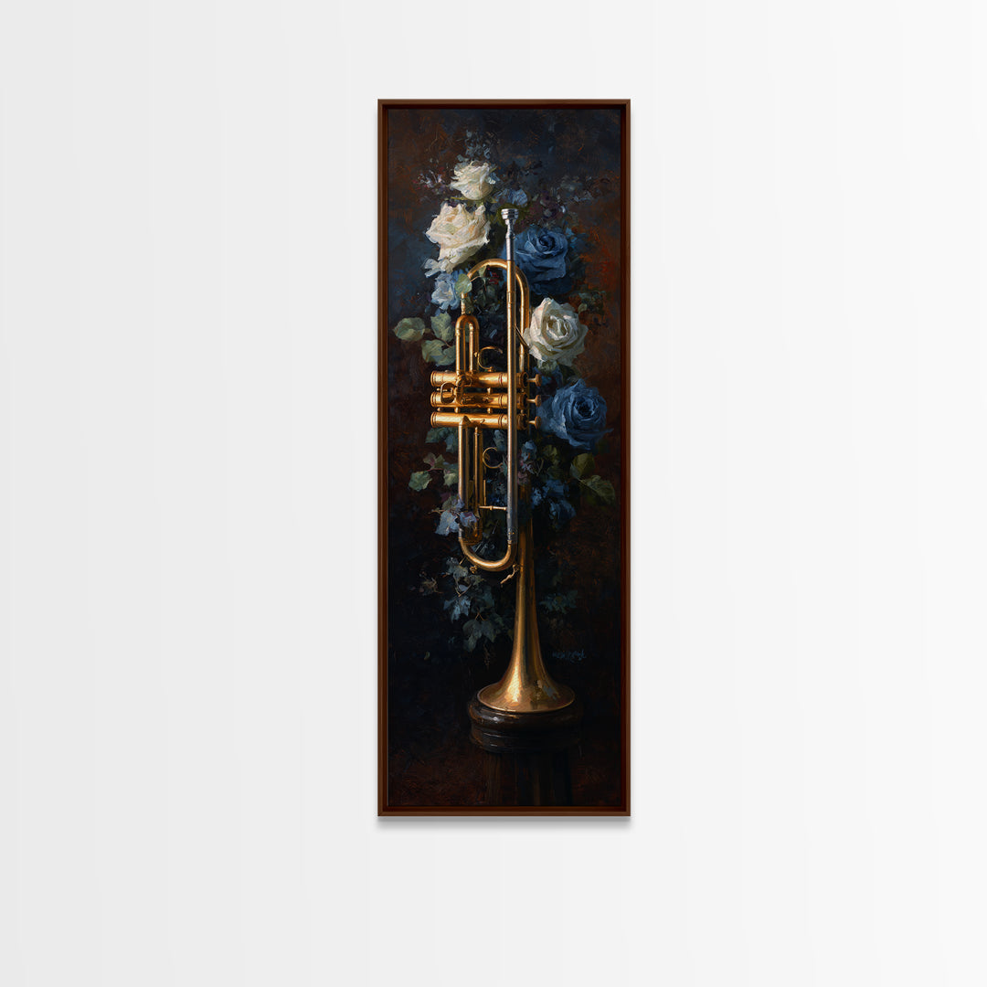 Trumpet and Roses Canvas Print, Music Studio Art, Scripture Wall Art, Studio Decor, Fine Art, Rhythm, Travel Wall Art, MSA-1x3-68