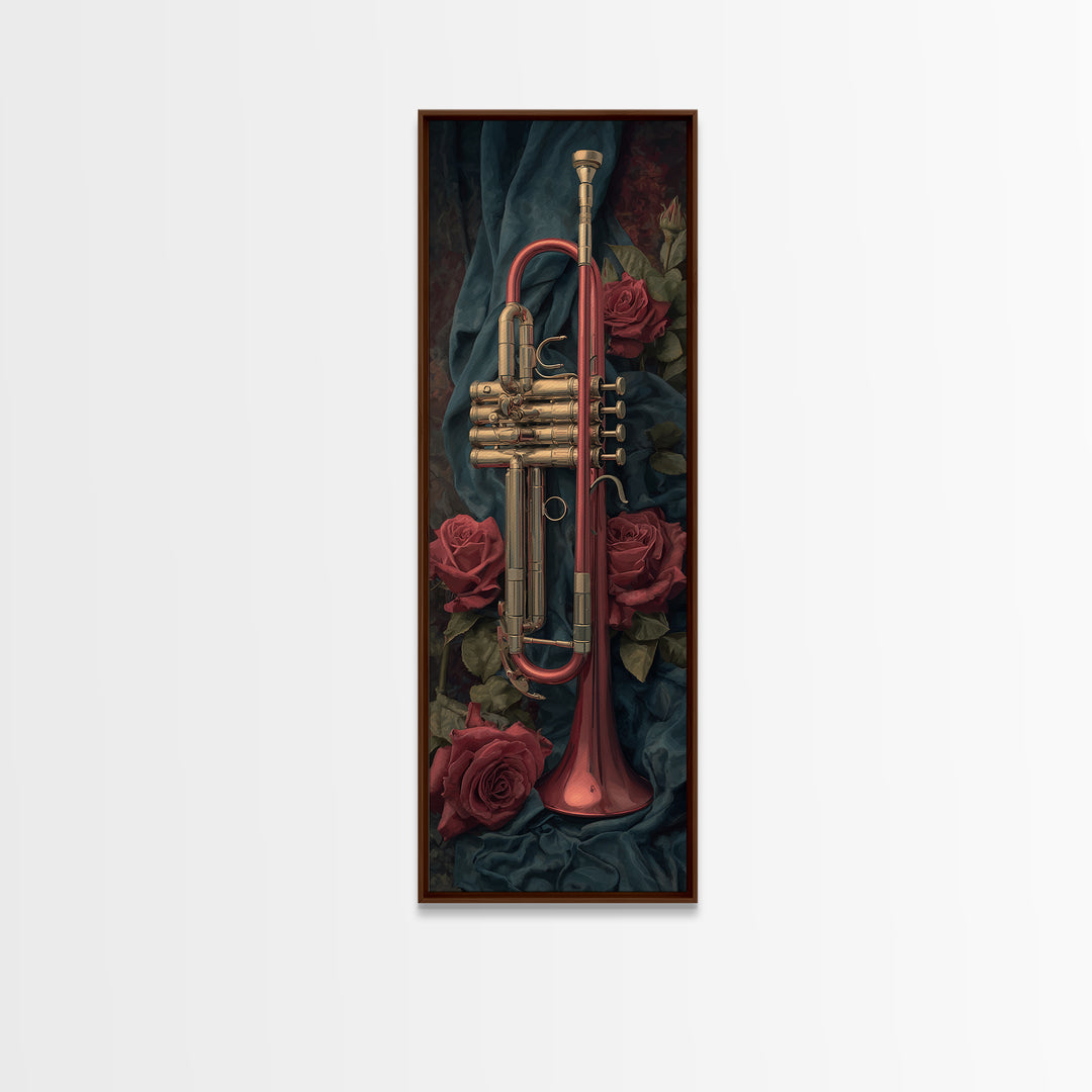 Trumpet and Roses Framed Canvas Print, Music Studio Art, Painting from Photo, Studio Decor, Rhythm, Gifts for Musicians, MSA-1x3-92