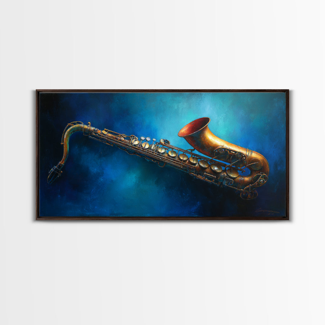 Jazz Saxophone with Smoky Blue Background Canvas Print, Music Studio Art, Boho Decor, Studio Decor, Fine Art, Rhythm, MSA-2x1-22