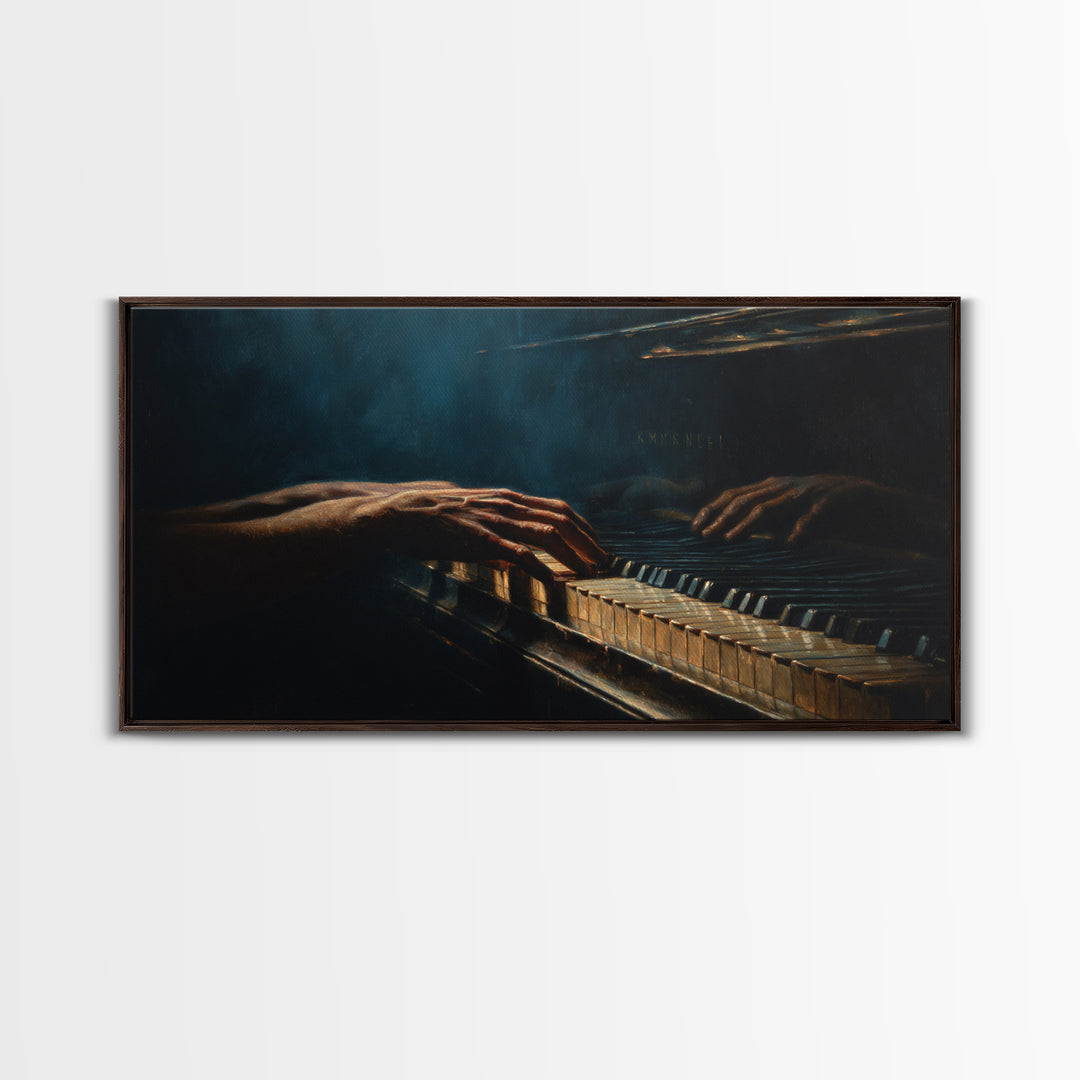 Piano Keys with Hands in Cinematic Shadow Framed Canvas Print, Music Studio Art, Home Decor, Studio Decor, Fine Art, Rhythm, MSA-2x1-25