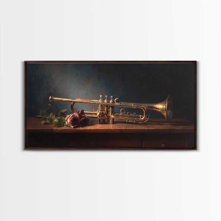 Trumpet and Roses Framed Canvas Print, Music Studio Art, Minimalist Decor, Studio Decor, Fine Art, Rhythm, Scripture Wall Art, MSA-2x1-28