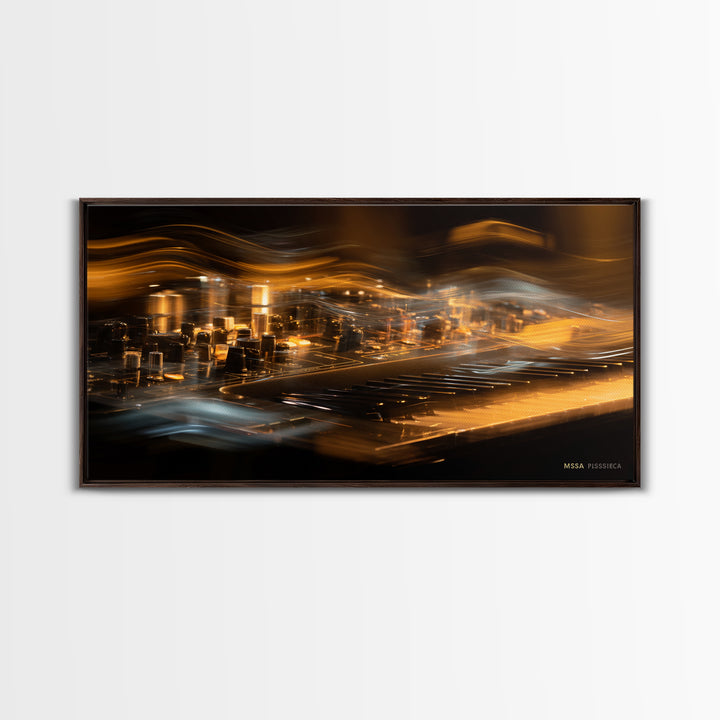 Synthesizer Knobs and Neon Reflections Framed Canvas Print, Music Studio Art, Luxury Decor, Studio Decor, Fine Art, Rhythm, MSA-2x1-30