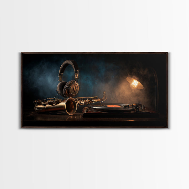 Headphones Around a Glowing Record Canvas Print, Music Studio Art, Printable Art, Studio Decor, Fine Art, Rhythm, Music Art, MSA-2x1-31