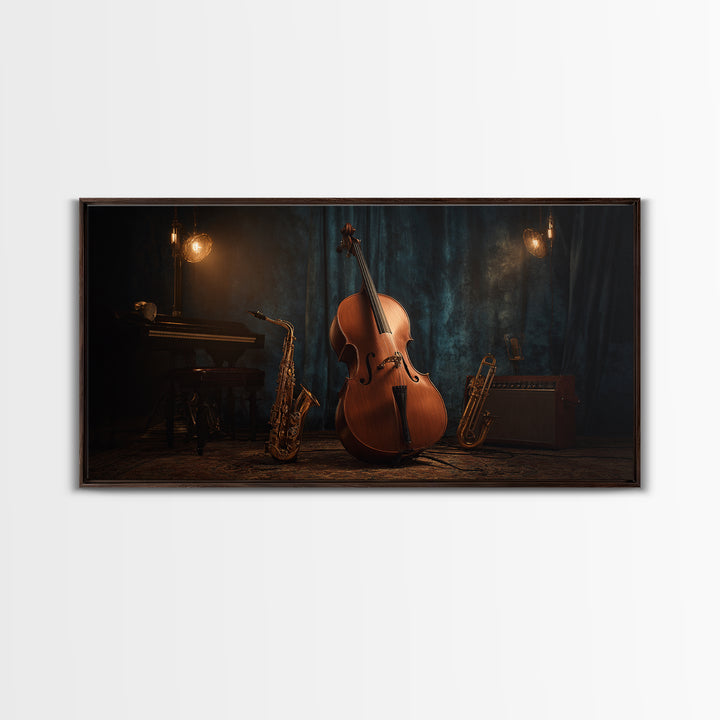 Cello Leaning Against Dark Velvet Backdrop Canvas Print, Music Studio Art, Printable Art, Studio Decor, Oil Painting, Rhythm, MSA-2x1-53