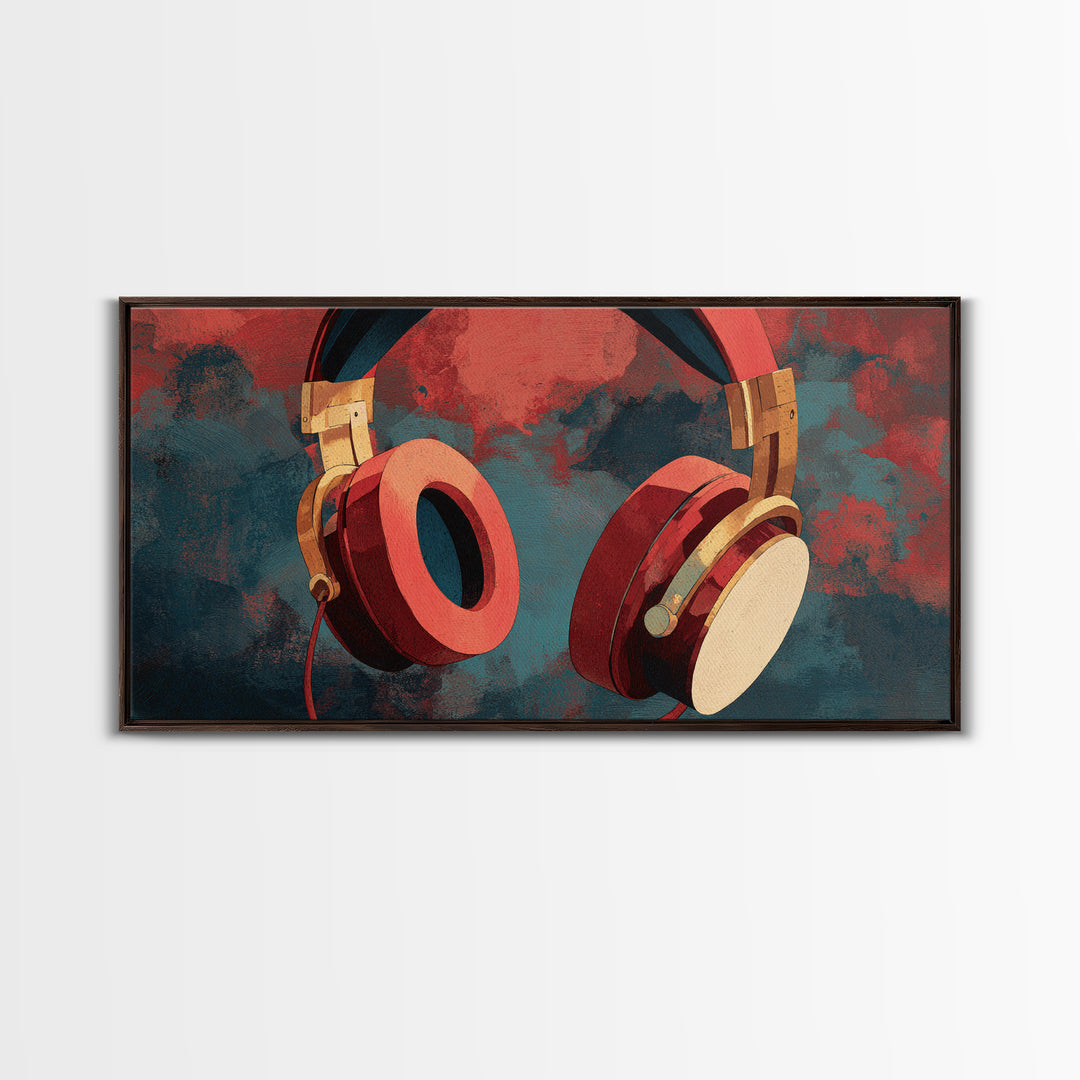 Headphones Around a Glowing Record Framed Canvas Print, Music Studio Art, Wall Decor, Studio Decor, Fine Art, Rhythm, MSA-2x1-7