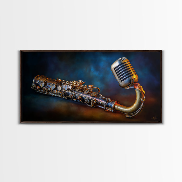 Microphone Portrait with Golden Spotlight Framed Canvas Print, Music Studio Art, Boho Decor, Studio Decor, Oil Painting, Rhythm, MSA-2x1-75