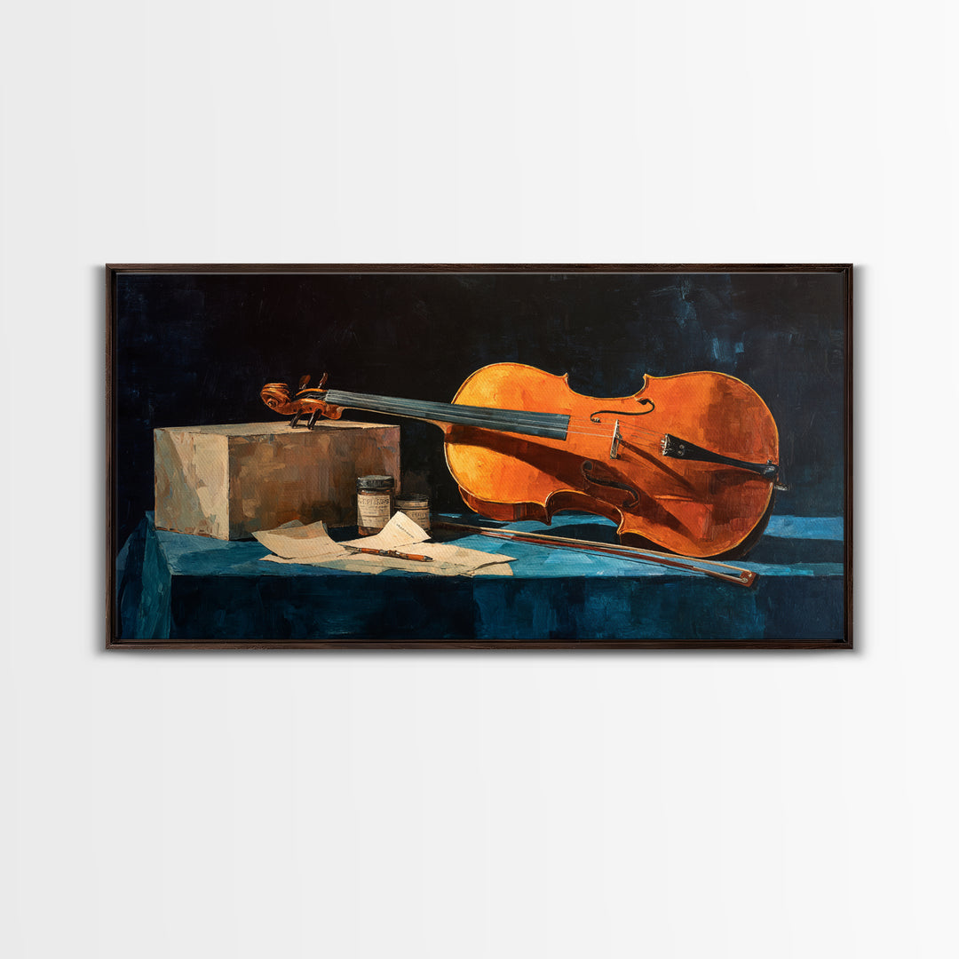 Cello Leaning Against Dark Velvet Backdrop Canvas Print, Music Studio Art, Printable Art, Studio Decor, Oil Painting, Rhythm, MSA-2x1-77
