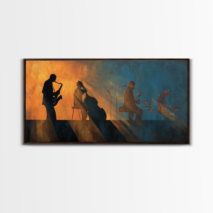 Jazz Quartet Silhouettes Framed Canvas Print, Music Studio Art, Studio Decor, Oil Painting, Rhythm, Wall Art Printable, MSA-2x1-90
