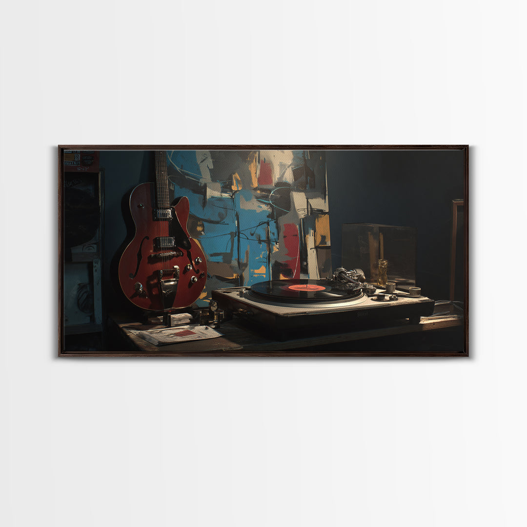 Vinyl Record and Turntable Still Life Framed Canvas Print, Music Studio Art, Gifts for Musicians, Studio Decor, Rhythm, MSA-2x1-95