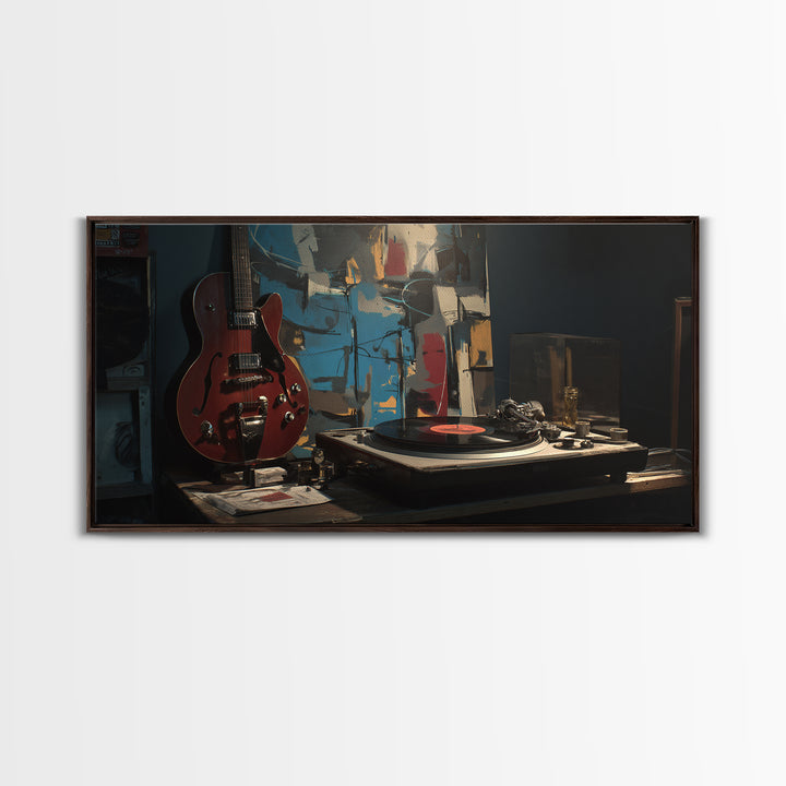 Vinyl Record and Turntable Still Life Framed Canvas Print, Music Studio Art, Gifts for Musicians, Studio Decor, Rhythm, MSA-2x1-95