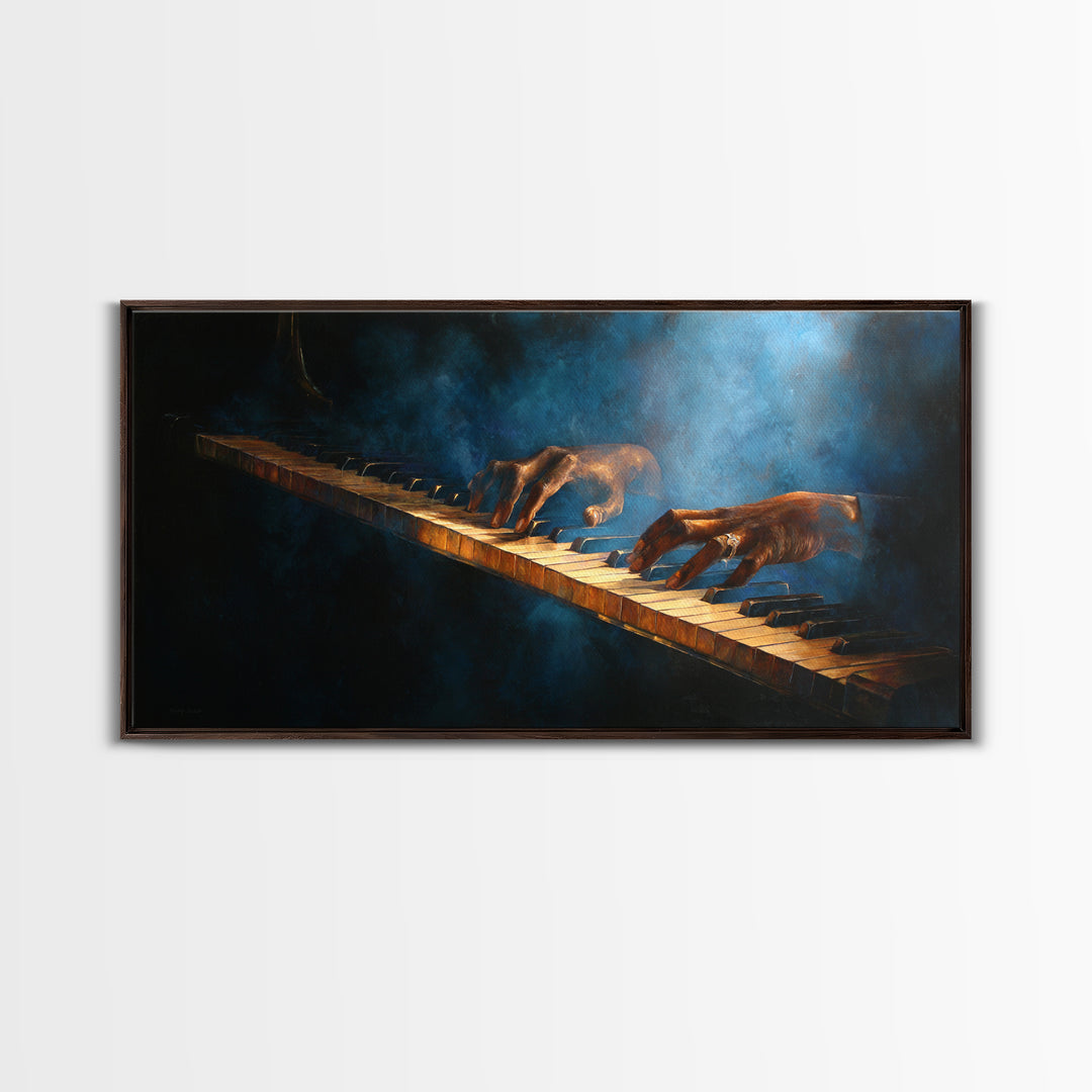 Piano Keys with Hands in Cinematic Shadow Framed Canvas Print, Music Studio Art, Trendy Wall Art, Studio Decor, Rhythm, MSA-2x1-97