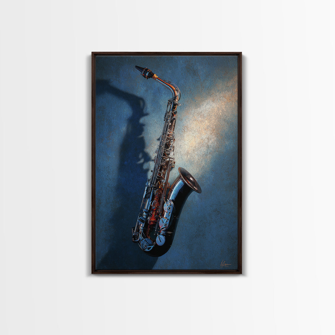 Jazz Saxophone with Smoky Blue Background Framed Canvas Print, Music Studio Art, Contemporary Art, Studio Decor, Rhythm, MSA-2x3-34