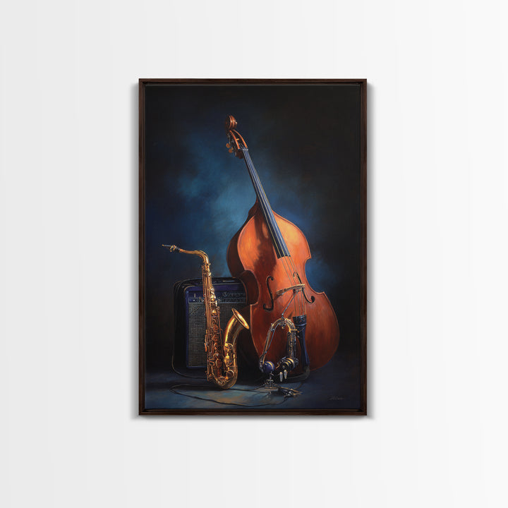 Cello Leaning Against Dark Velvet Backdrop Framed Canvas Print, Music Studio Art, Studio Decor, Abstract Art, Rhythm, MSA-2x3-41